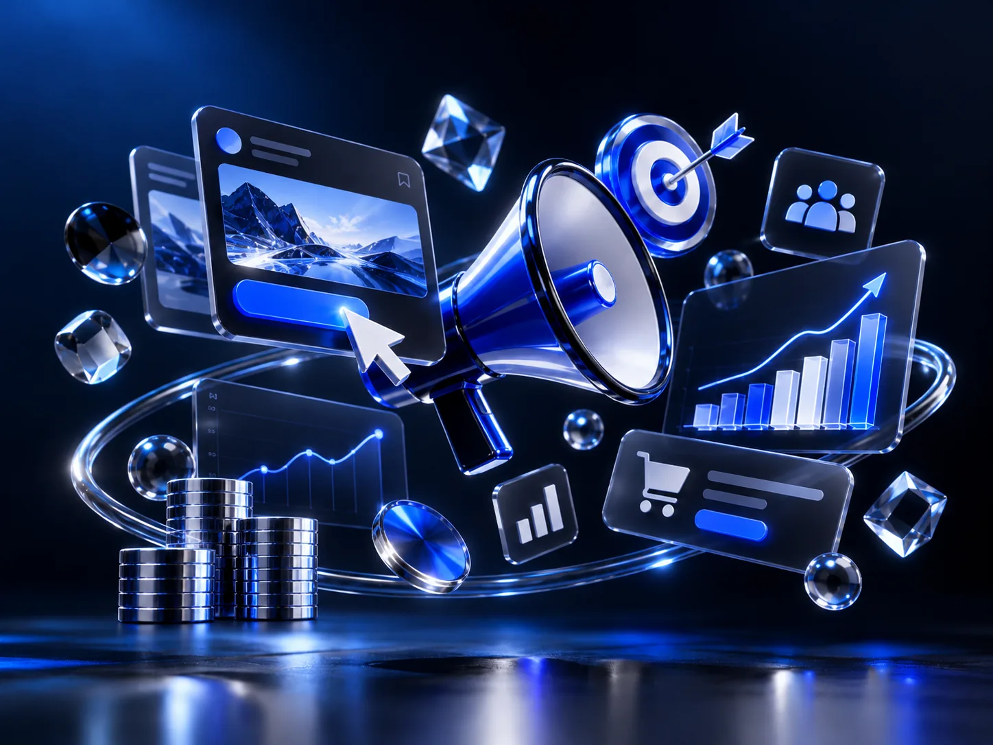 Paid ads: megaphone, target and growth chart