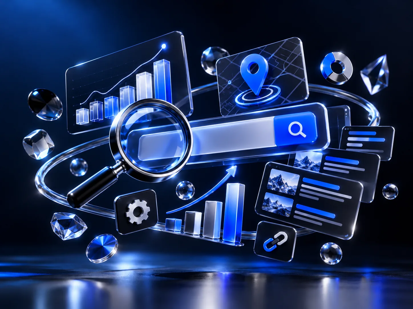 SEO: search bar, map pin and rising rankings