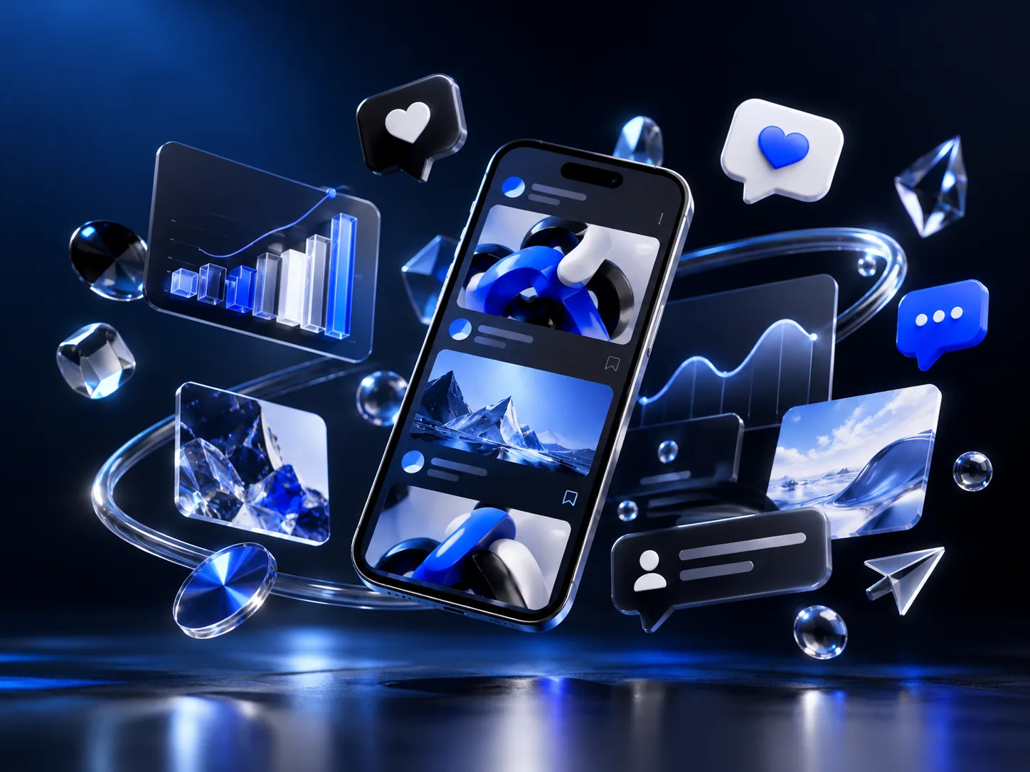 Social media management: floating phone with posts, likes and analytics