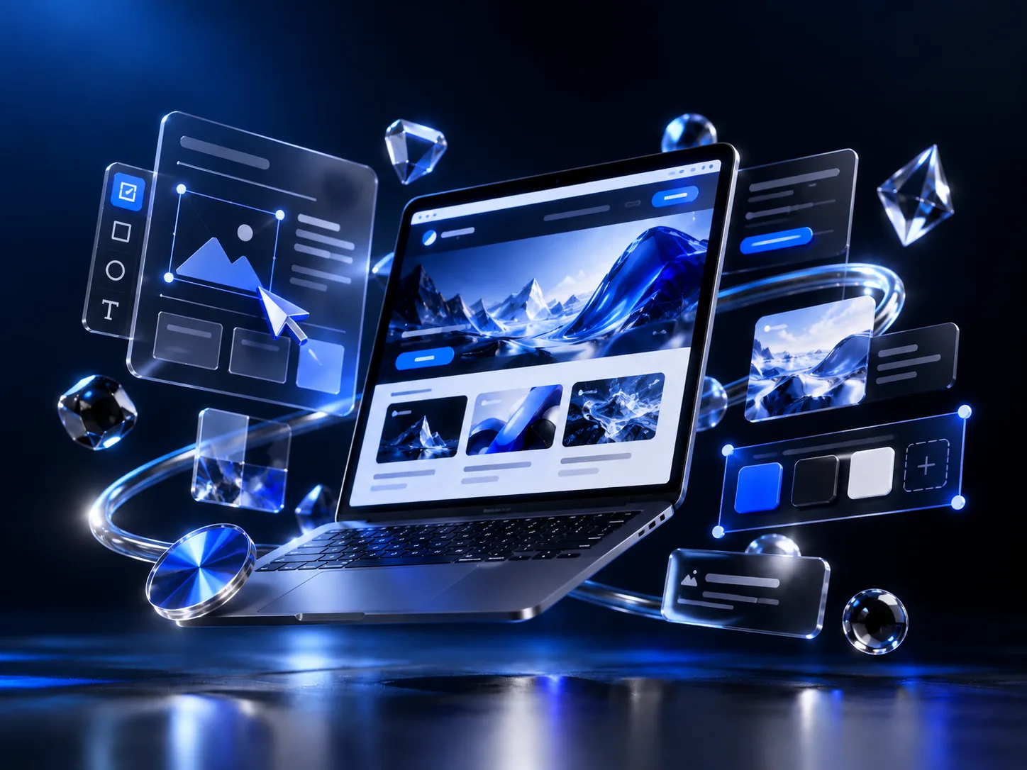Web design: laptop with a live website build